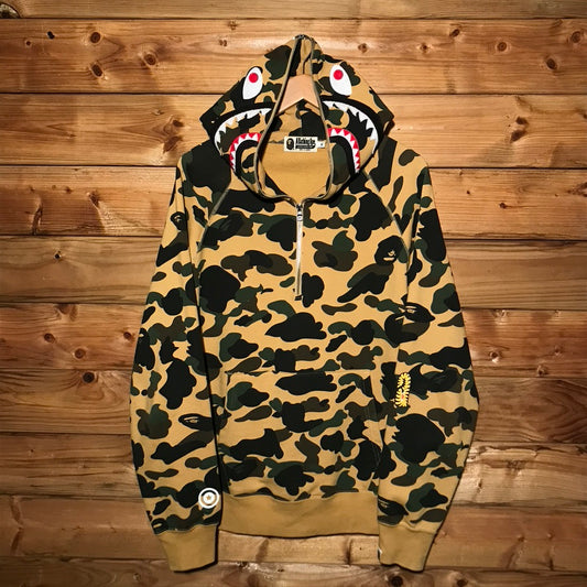 Bape, A Bathing Ape Ultimate First Camo PONR Shark Face half zip up hoodie