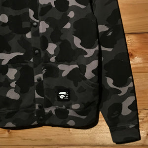 Bape, A Bathing Ape Black Camo AOP button up hoodie