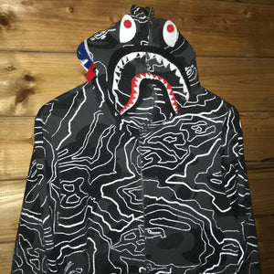 2023 Bape, A Bathing Ape Layered Line Camo Shark Face zip up hoodie