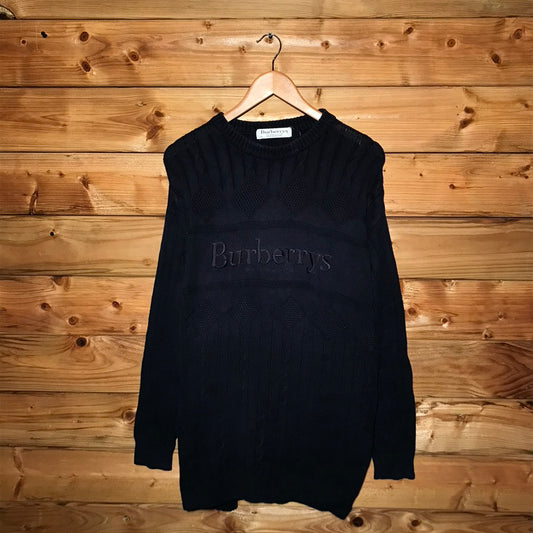 90s Burberry Centre Spellout Tonal Striped cable sweatshirt