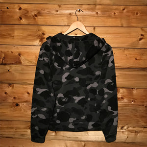 Bape, A Bathing Ape Black Camo AOP button up hoodie