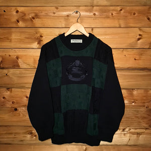 90s Burberry Knight Crest Squared Patchwork cable knit sweatshirt