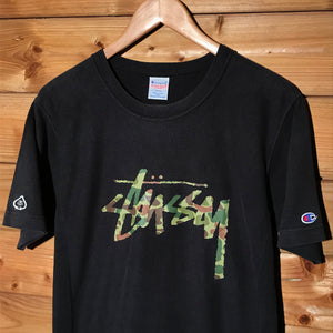 2014 Stüssy x Champion Hunter Camo Spellout t shirt